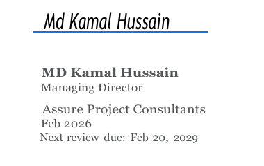 MD Kamal Hussain Signature - Managing Director of Assure Project Consultants, leading project management consultancy in India with ISO 14001 certified Environmental Management System